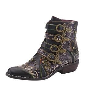 L'ARTISTE Women Rodeha Ankle Boot US 7.5-8 EU 38 Black Leather Hand-Painted NIB